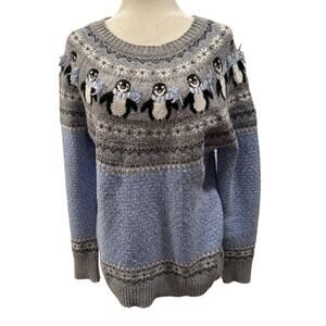 Holiday Time Penguin Blue and Gray Christmas Sweater - Size L (12-14)